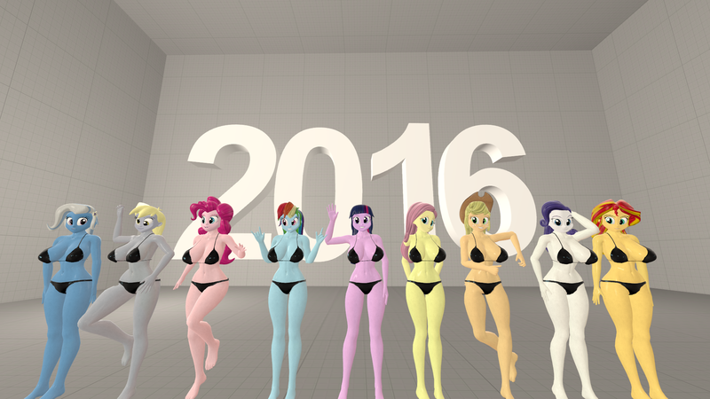 Size: 1920x1080 | Tagged: suggestive, artist:unluckytoonlink, derpibooru import, applejack, derpy hooves, fluttershy, pinkie pie, rainbow dash, rarity, sunset shimmer, trixie, twilight sparkle, equestria girls, 2016, 3d, belly button, bikini, breasts, busty applejack, busty derpy hooves, busty fluttershy, busty mane six, busty pinkie pie, busty rainbow dash, busty rarity, busty sunset shimmer, busty trixie, busty twilight sparkle, clothes, female, happy new year, happy new year 2016, humane five, humane seven, humane six, midriff, source filmmaker, swimsuit