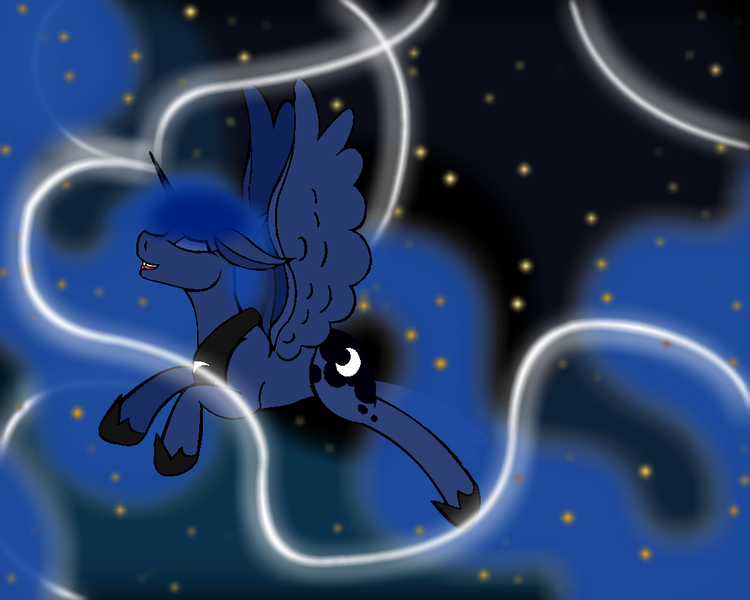 Size: 1050x840 | Tagged: artist:ahaintthatbad, derpibooru import, dream, dream walker luna, eyes closed, flying, night, open mouth, princess luna, safe, solo, stars