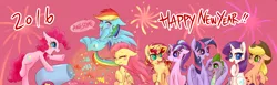 Size: 1950x600 | Tagged: safe, artist:phyllismi, derpibooru import, applejack, fluttershy, pinkie pie, rainbow dash, rarity, spike, starlight glimmer, sunset shimmer, twilight sparkle, twilight sparkle (alicorn), alicorn, dragon, earth pony, pegasus, pony, unicorn, 2016, alternate mane seven, applejack's hat, cowboy hat, dialogue, equalized mane, eyes closed, female, fireworks, floppy ears, happy new year, happy new year 2016, hat, hug, male, mane nine, mane seven, mane six, mare, new year, one eye closed, open mouth, party cannon, s5 starlight, sitting, speech bubble, spikelove, winghug