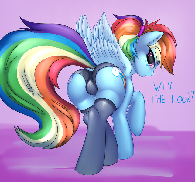 Size: 4600x4300 | Tagged: questionable, artist:elzzombie, derpibooru import, rainbow dash, absurd resolution, alternate hairstyle, black underwear, blushing, clothes, female, looking at you, looking back, panties, plot, ponytail, rainbutt dash, socks, solo, solo female, underwear