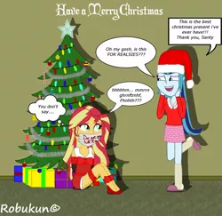 Size: 1955x1900 | Tagged: suggestive, artist:robukun, derpibooru import, sonata dusk, sunset shimmer, equestria girls, bondage, christmas, christmas lights, christmas outfit, christmas tree, clothes, female, gag, hands behind back, lesbian, present, ribbon, shipping, slippers, socks, sunata, tape gag, tied up, tree