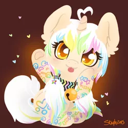 Size: 800x800 | Tagged: safe, artist:coffeecuppup, derpibooru import, oc, oc:luella, unofficial characters only, unicorn, bell, bell collar, collar, ear fluff, fluffy, hair accessory, hair tie, heart, multicolored hair, multicolored mane, multicolored tail, pigtails, solo, tongue out