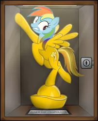 Size: 3445x4255 | Tagged: semi-grimdark, artist:icaron, derpibooru import, rainbow dash, backwards cutie mark, cabinet, dashabuse, display case, gold, inanimate tf, locked, objectification, petrification, plinth, show accurate, statue, statuette, story included, transformation, trophy, underhoof