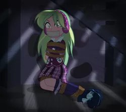 Size: 900x794 | Tagged: semi-grimdark, suggestive, artist:radiantrealm, derpibooru import, lemon zest, equestria girls, friendship games, bondage, crying, duct tape, gag, kidnapped, show accurate, show accurate porn, solo, tape gag, tied up