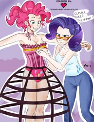 Size: 1041x1347 | Tagged: armpits, artist:ladypixelheart, artist:megasweet, breasts, clothes, corset, cutie mark underwear, derpibooru import, dress, dressmaking, female, females only, frilly pie, glasses, human, humanized, measuring, measuring tape, panties, pinkie pie, rarity, suggestive, underwear