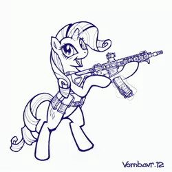 Size: 3000x3000 | Tagged: safe, artist:vombavr, derpibooru import, rarity, pony, aimpoint, ar15, bipedal, gun, hoof hold, larue tactical, magic, magpul, monochrome, open mouth, picatinny rail, ponies with guns, reflex sight, rifle, smiling, solo, telekinesis, wahaha, weapon