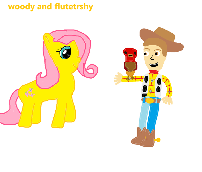 Size: 1532x1304 | Tagged: bird, derpibooru import, fluttershy, ms paint, safe, toy story, woody, woodyshy