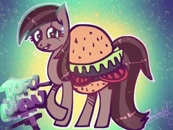 Size: 2048x1536 | Tagged: safe, artist:aimihanibal, derpibooru import, oc, unofficial characters only, food pony, original species, pony, 30 minute art challenge, abstract background, burger, crossed hooves, food, grin, hamburger, looking at you, nervous, nervous grin, oekaki, smiling, sweat