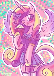 Size: 2480x3508 | Tagged: safe, artist:aimihanibal, derpibooru import, princess cadance, alicorn, anthro, 30 minute art challenge, arm hooves, bow, breasts, clothes, cupcake, cute, cutedance, female, food, hair bow, moe, neck bow, sailor uniform, school uniform, smiling, solo, stockings, tongue out, wingboner, wings, wink