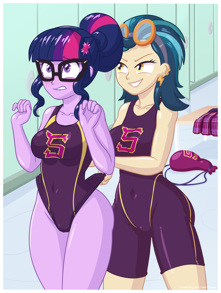 Size: 1024x1360 | Tagged: questionable, artist:rapps, derpibooru import, indigo zap, sci-twi, twilight sparkle, equestria girls, friendship games, bag, blushing, cameltoe, clothes, commission, female, females only, glasses, locker, locker room, one-piece swimsuit, questionable source, shadowbolts swimsuit, swimsuit, wedgie