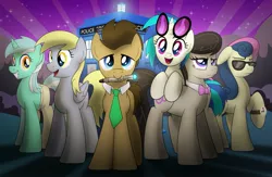 Size: 1793x1169 | Tagged: safe, artist:drawponies, derpibooru import, bon bon, derpy hooves, doctor whooves, lyra heartstrings, octavia melody, sweetie drops, time turner, vinyl scratch, pegasus, pony, slice of life (episode), background six, doctor who, female, irrational exuberance, mare, secret agent sweetie drops, smiling, sonic screwdriver, tardis, unamused