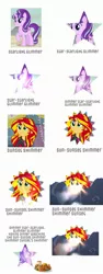 Size: 1000x2666 | Tagged: catasterism, continuous pun, derpibooru import, lens flare, my brain hurts, name pun, ponies eating meat, pun, safe, starlight glimmer, stars, sunset, sunset shimmer, sunshine shimmer, tongue twister, word avalanche