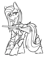 Size: 1820x2302 | Tagged: safe, artist:ralek, derpibooru import, oc, oc:jade aurora, unofficial characters only, earth pony, pony, fallout equestria, armor, battle saddle, battle stance, big ears, checkered flag, fallout, female, frown, gun, leather armor, long hair, monochrome, patreon, patreon reward, pipboy, pipbuck, rifle, saddle, scar, scarred, solo, spread legs, spreading, weapon