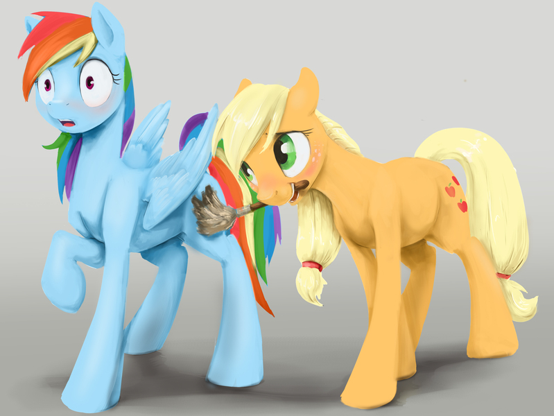 Size: 3543x2662 | Tagged: safe, artist:silfoe, derpibooru import, applejack, rainbow dash, earth pony, pegasus, pony, appledash, blushing, butt touch, commission, duster, feathermarking, female, gray background, lesbian, mare, mouth hold, never doubt tchernobog's involvement, open mouth, raised hoof, role reversal, shipping, simple background, smiling, surprised, wide eyes