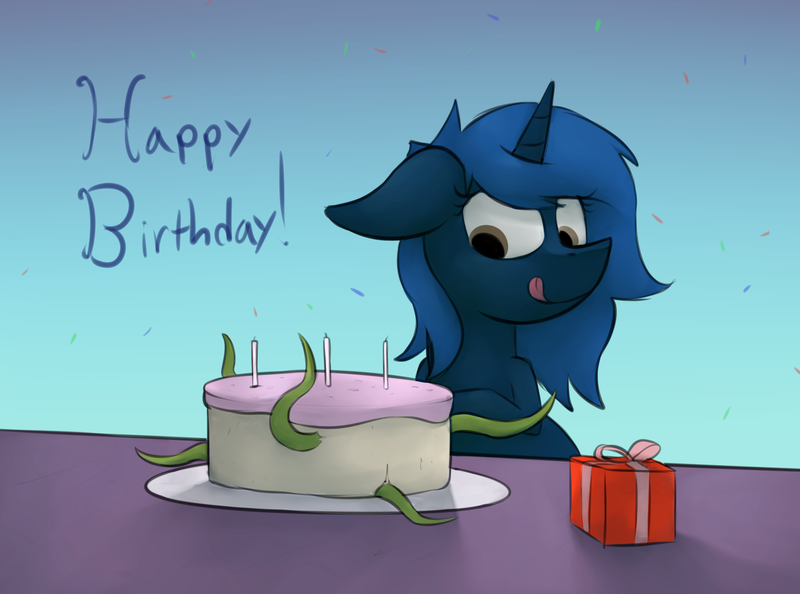 Size: 2112x1567 | Tagged: artist:marsminer, birthday, cake, derpibooru import, female, filly, food, oc, oc:starlight blossom, safe, solo, tentacles, this will end in rape, unofficial characters only