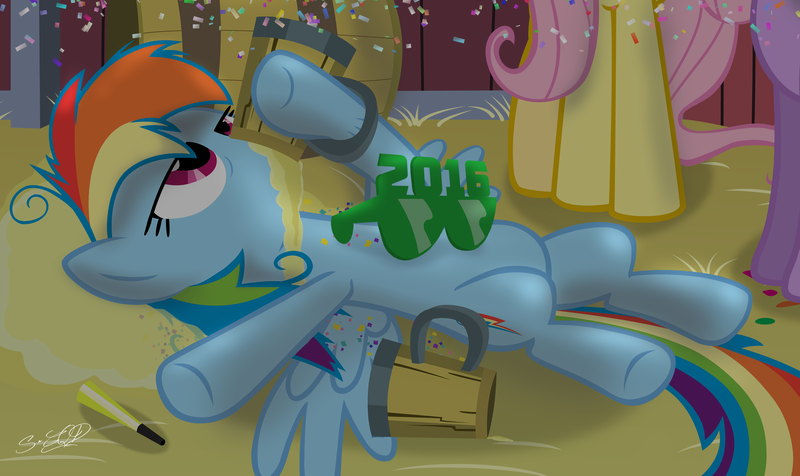 Size: 3391x2019 | Tagged: 2016, alcohol, alcoholism, artist:shutterflyeqd, barn, cider, confetti, dashaholic, derpibooru import, drinking, drunk, drunker dash, fluttershy, food, go home you're drunk, messy mane, new year, offscreen character, on back, rainbow dash, safe, twilight sparkle