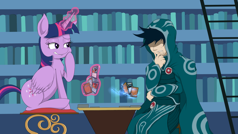 Size: 2000x1125 | Tagged: safe, artist:janji009, derpibooru import, twilight sparkle, twilight sparkle (alicorn), alicorn, pony, card, chair, crossover, female, jace beleren, ladder, library, magic, magic the gathering, mare, planeswalker, sitting, telekinesis