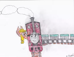 Size: 1022x782 | Tagged: applejack, artist:endlesswire94, crossover, derpibooru import, rheneas, safe, shunting, thomas the tank engine, traditional art, train