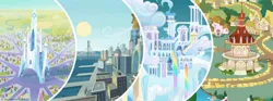 Size: 1702x630 | Tagged: bridge, cloudsdale, crystal castle, crystal empire, crystaller building, derpibooru import, facebook, manehattan, my little pony, official, pier, ponyville, ponyville town hall, safe, the cart before the ponies