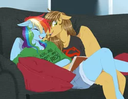 Size: 1280x996 | Tagged: safe, artist:the-chibster, derpibooru import, rainbow dash, oc, oc:swift sketch, anthro, plantigrade anthro, book, canon x oc, couch, shipping