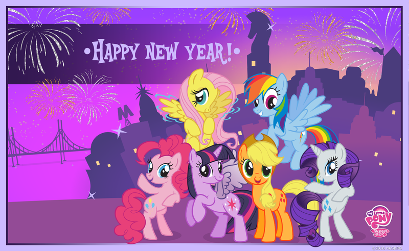 Size: 1690x1040 | Tagged: safe, derpibooru import, official, applejack, fluttershy, pinkie pie, rainbow dash, rarity, twilight sparkle, twilight sparkle (alicorn), alicorn, earth pony, pegasus, pony, unicorn, bridge, crystaller building, cute, faic, female, fireworks, happy new year, jackabetes, mane six, manehattan, mare, my little pony logo, new year, skyline, smirk, special face