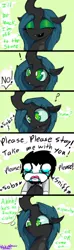 Size: 500x1700 | Tagged: artist:apinklife, comic, crying, cutemail, derpibooru import, exclamation point, eyes closed, eyeshadow, frown, human, makeup, open mouth, queen chrysalis, question mark, sad, safe, smiling, squeal, thought bubble, vulgar, wide eyes