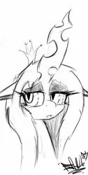 Size: 686x1366 | Tagged: artist:apinklife, big horn, bust, changeling, changeling queen, derpibooru import, fangs, female, floppy ears, grayscale, monochrome, queen chrysalis, sad, safe, solo