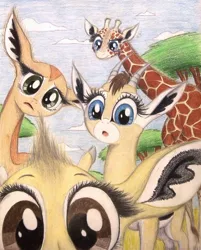 Size: 802x997 | Tagged: acacia tree, africa, animal in mlp form, antelope, artist:thefriendlyelephant, big ears, big eyes, cloud, cloven hooves, curious, cute, depth of field, derpibooru import, dik dik, fluffy, frown, gazelle, gerenuk, giraffe, grass, head tilt, hidden camera, horns, long neck, looking at you, non-pony oc, :o, oc, oc:kekere, oc:nuk, oc:salma, oc:zeka, pondering, raised eyebrow, safe, sky, traditional art, tree, unofficial characters only, unsure, what's this?