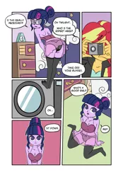 Size: 700x1005 | Tagged: suggestive, artist:yokappa69, derpibooru import, sci-twi, sunset shimmer, twilight sparkle, comic:lecciones de amistad, equestria girls, breasts, busty twilight sparkle, camera, cleavage, clothes, comic, cute, female, females only, glasses, imminent sex, lesbian, lingerie, pixiv, scitwishimmer, shipping, sunsetsparkle, translation, twiabetes, twibutt