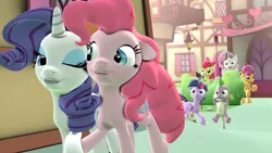 Size: 1280x720 | Tagged: safe, artist:hellhounds04, derpibooru import, apple bloom, pinkie pie, rarity, scootaloo, spike, sweetie belle, twilight sparkle, twilight sparkle (alicorn), alicorn, pony, 3d, cutie mark crusaders, female, lesbian, mare, raripie, shipping, shipping denied