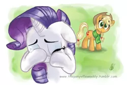 Size: 952x641 | Tagged: safe, artist:vago-xd, derpibooru import, applejack, rarity, crying, female, lesbian, rarijack, shipping