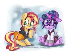 Size: 906x687 | Tagged: safe, artist:vago-xd, derpibooru import, sci-twi, sunset shimmer, twilight sparkle, ponified, pony, unicorn, equestria girls, clothes, colored pupils, duo, equestria girls outfit, equestria girls ponified, floppy ears, glasses, ponified humanized pony, simple background, sitting, underhoof, unicorn sci-twi, white background