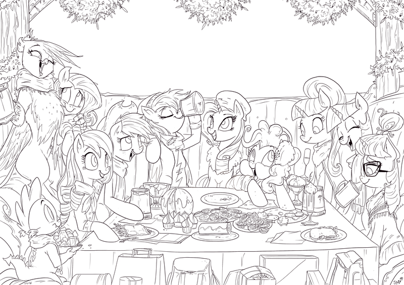 Size: 4961x3508 | Tagged: safe, artist:jowybean, derpibooru import, applejack, coloratura, fluttershy, gilda, moondancer, pinkie pie, rainbow dash, rarity, spike, starlight glimmer, trixie, twilight sparkle, twilight sparkle (alicorn), alicorn, gryphon, pony, absurd resolution, chest fluff, color me, counterparts, female, food, hearth's warming, lineart, magical trio, mane seven, mane six, mare, monochrome, rara, table, twilight's counterparts