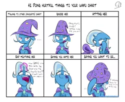 Size: 2128x1727 | Tagged: semi-grimdark, artist:phuocthiencreation, derpibooru import, trixie, pony, unicorn, abuse, chart, chest fluff, comic, doing hurtful things, female, looking at you, mare, trixiebuse, waifu