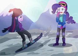 Size: 2675x1940 | Tagged: safe, artist:sumin6301, derpibooru import, rarity, twilight sparkle, equestria girls, mountain, snow, snowboard, this will end in tears