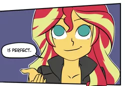 Size: 400x274 | Tagged: safe, artist:yokappa69, derpibooru import, sunset shimmer, equestria girls, clothes, collarbone, comic, leather jacket, reaction image, smiling, solo