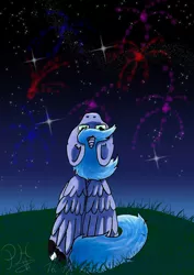 Size: 1600x2263 | Tagged: artist:panhaukatze, derpibooru import, fireworks, looking up, princess luna, rear view, s1 luna, safe, sitting, solo