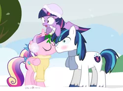 Size: 1000x735 | Tagged: artist:dm29, blushing, clothes, cold, colt, cute, cutedance, derpibooru import, earmuffs, eyes closed, female, filly, filly twilight sparkle, julian yeo is trying to murder us, kissing, male, mistletoe, princess cadance, safe, scarf, shining adorable, shining armor, shiningcadance, shipping, snow, straight, trio, twiabetes, twilight sparkle, wide eyes, younger