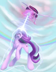 Size: 1024x1325 | Tagged: safe, artist:mirrorandimage, derpibooru import, starlight glimmer, twilight sparkle, twilight sparkle (alicorn), alicorn, pony, the cutie re-mark, blast, female, flying, force field, glowing horn, levitation, magic, magic beam, magic blast, mare, perspective, self-levitation, telekinesis