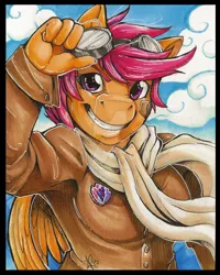 Size: 1024x1280 | Tagged: anthro, artist:icecatdemon, bomber jacket, clothes, derpibooru import, goggles, grin, older, safe, scarf, scootaloo, solo, traditional art, watermark