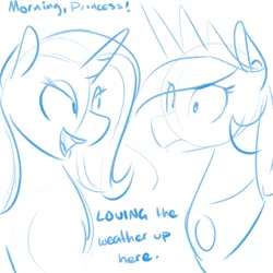 Size: 700x700 | Tagged: safe, artist:goat train, deleted from derpibooru, derpibooru import, princess celestia, trixie, pony, unicorn, bedroom eyes, dialogue, female, mare, monochrome, open mouth, sketch, wide eyes