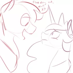 Size: 700x700 | Tagged: safe, artist:goat train, deleted from derpibooru, derpibooru import, big macintosh, princess celestia, earth pony, pony, bedroom eyes, celestimac, dialogue, male, open mouth, shipping, size difference, sketch, stallion, straight, wide eyes