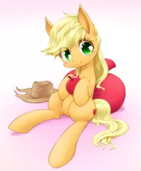 Size: 846x1020 | Tagged: apple, applejack, artist:hashioaryut, blushing, cushion, cute, derpibooru import, eye clipping through hair, food, head tilt, jackabetes, looking at you, loose hair, pixiv, safe, sitting, smiling, solo