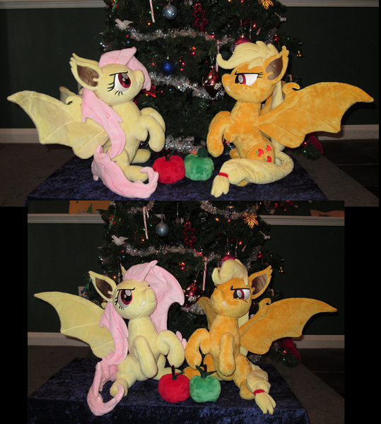 Size: 739x823 | Tagged: safe, artist:drachefrau, derpibooru import, applejack, fluttershy, bat pony, pony, apple, applebat, flutterbat, food, irl, photo, plushie, spread wings