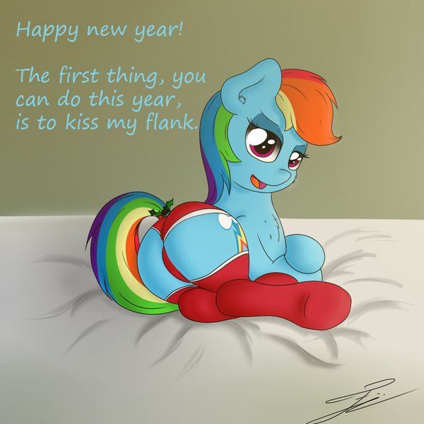 Size: 1000x1000 | Tagged: artist:fluttair, bed, clothes, derpibooru import, female, holly, holly mistaken for mistletoe, looking at you, panties, rainbow dash, socks, solo, solo female, suggestive, text, underwear