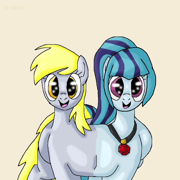 Size: 1000x1000 | Tagged: safe, artist:mojo1985, derpibooru import, derpy hooves, sonata dusk, pegasus, pony, conjoined, conjoined twins, female, fusion, mare, multiple heads, sonata derp, two heads, we have become one, what has science done