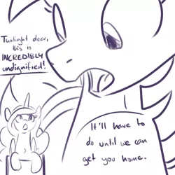 Size: 500x500 | Tagged: artist:goat train, derpibooru import, dialogue, macro, micro, monochrome, open mouth, princess celestia, safe, shrunklestia, size difference, sketch, twilight sparkle