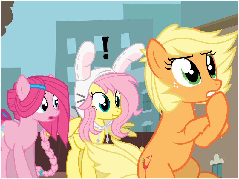 Size: 800x600 | Tagged: applejack, artist:flash equestria photography, derpibooru import, fluttershy, impending bear, oc, oc:cottontail, oc:ink blot, oc:sparkling cider, pinkie pie, safe, scrunchy face, ultimare universe