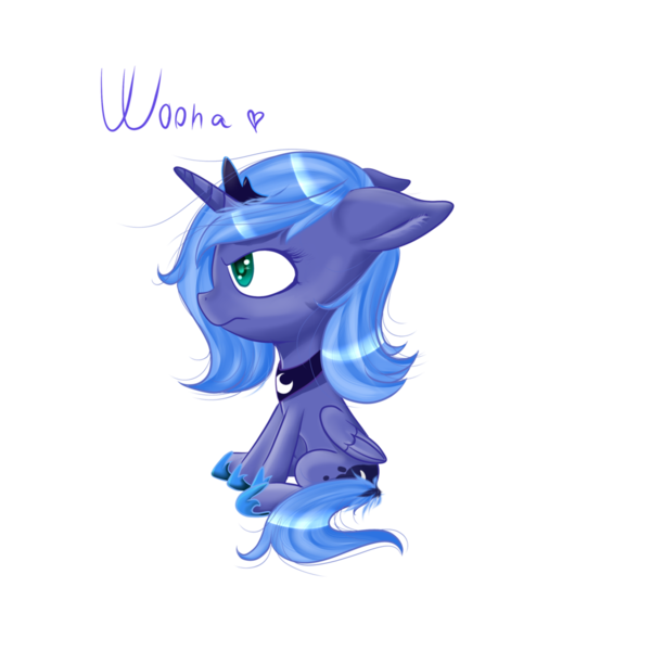 Size: 1024x1024 | Tagged: artist:caramelg, derpibooru import, filly, floppy ears, princess luna, safe, simple background, sitting, solo, transparent background, woona