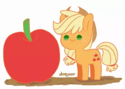 Size: 775x554 | Tagged: safe, artist:doqwor, derpibooru import, applejack, earth pony, pony, apple, cute, female, food, giant apple, happy, jackabetes, mare, smiling, solo, that pony sure does love apples